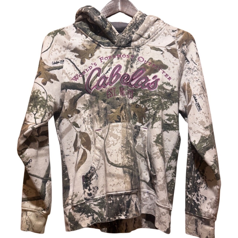 Cabela's Zonz Woodlands White Camo w Purple Writing Hoodie Gorpcore Raglan Small